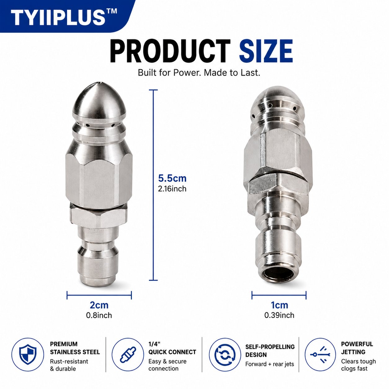 Stainless Steel Sewer Jetter Nozzle – 1/4" Quick Connect Drain Cleaning Attachment for Pressure Washers