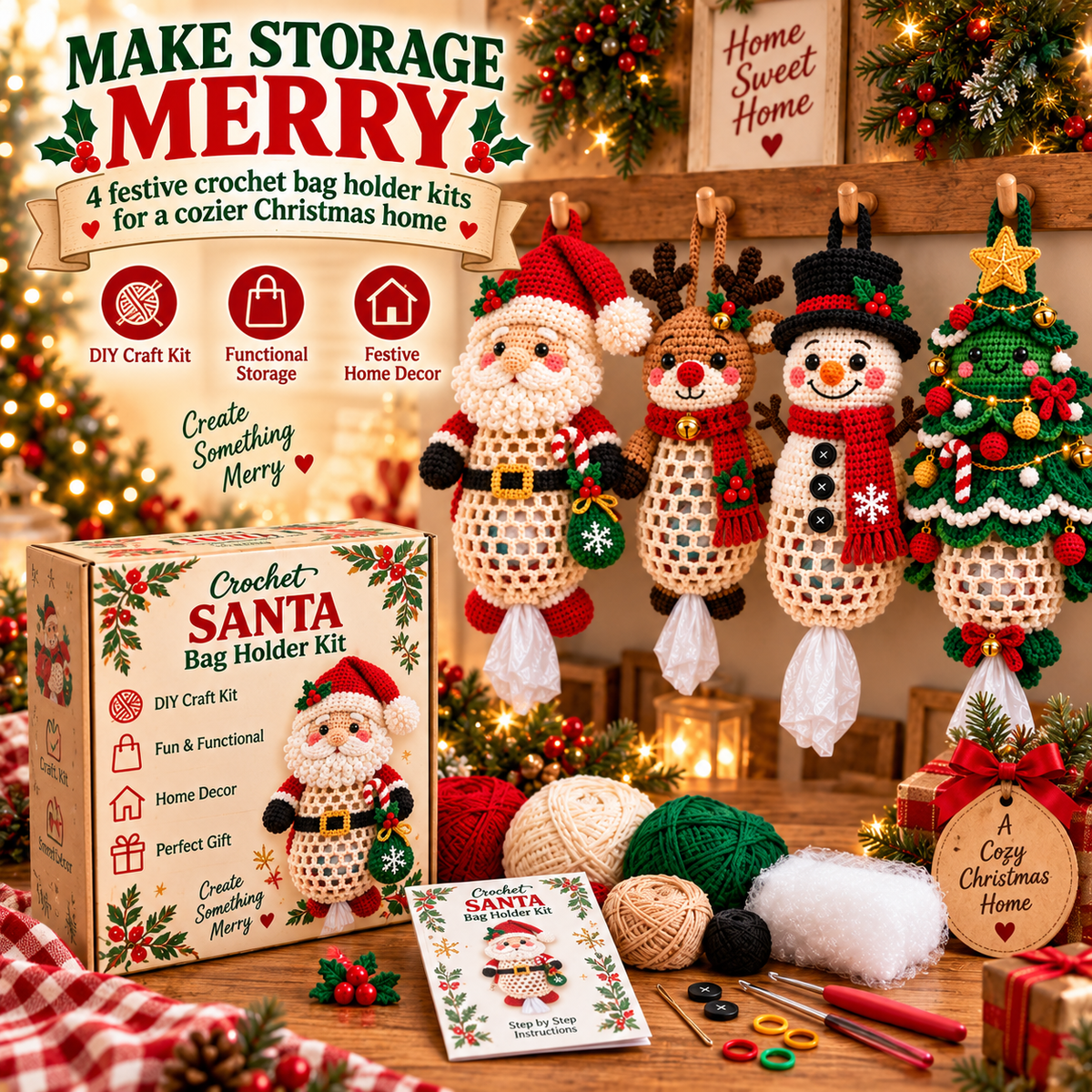 🎄 Christmas Crochet Bag Holder DIY Kit – Cute & Functional Handmade Holiday Storage Decor 🎁