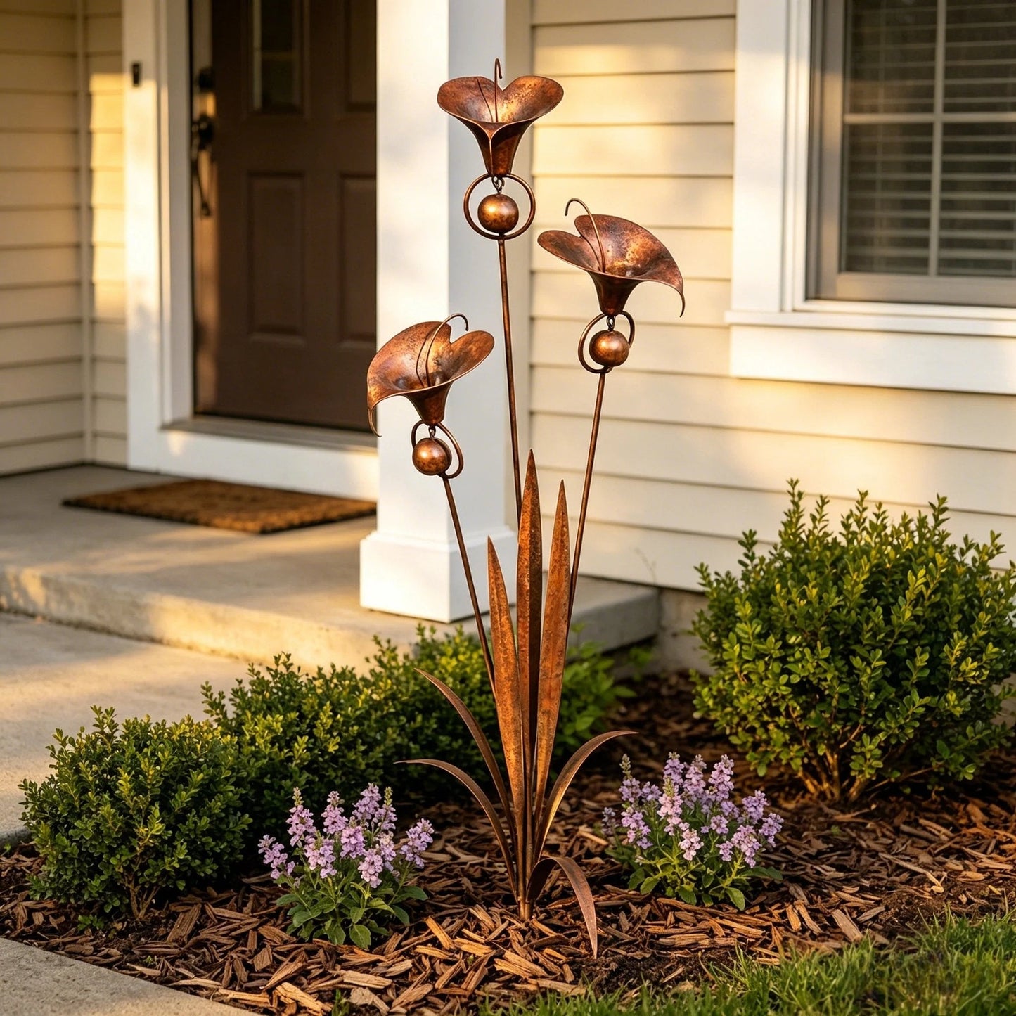 ⏰ 30% OFF – Limited Time Only✨🌼Flamed Copper Three Calla Lilies Garden Stake with Bells🔔