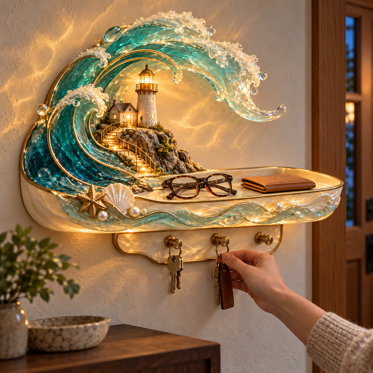 🌊 Coastal Glow Lighthouse Wall Shelf – ✨ Lighted Ocean Wave Decor with Storage Tray & Key Hooks