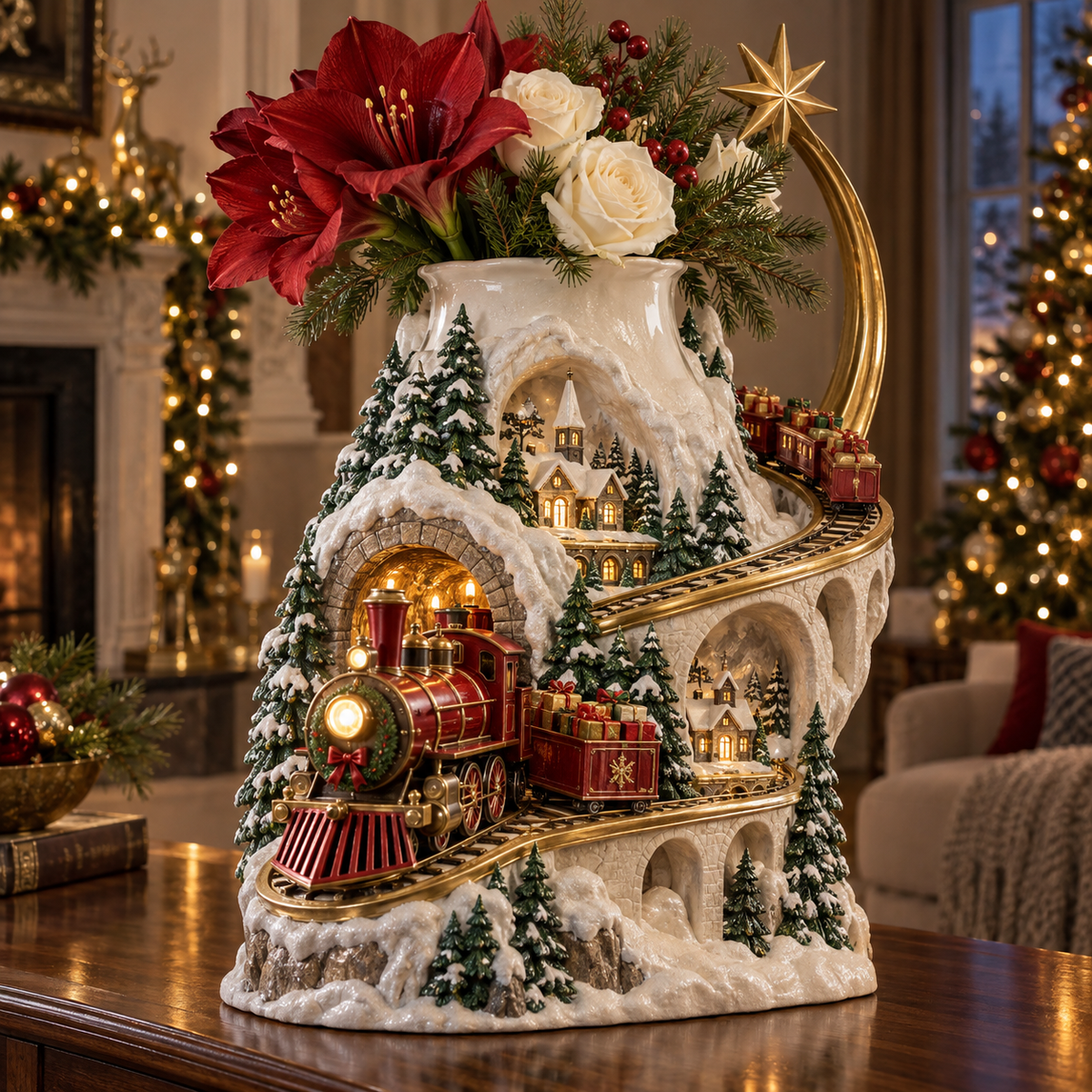 🎄 Christmas Village Train Vase ✨ Lighted Holiday Centerpiece & Floral Decor