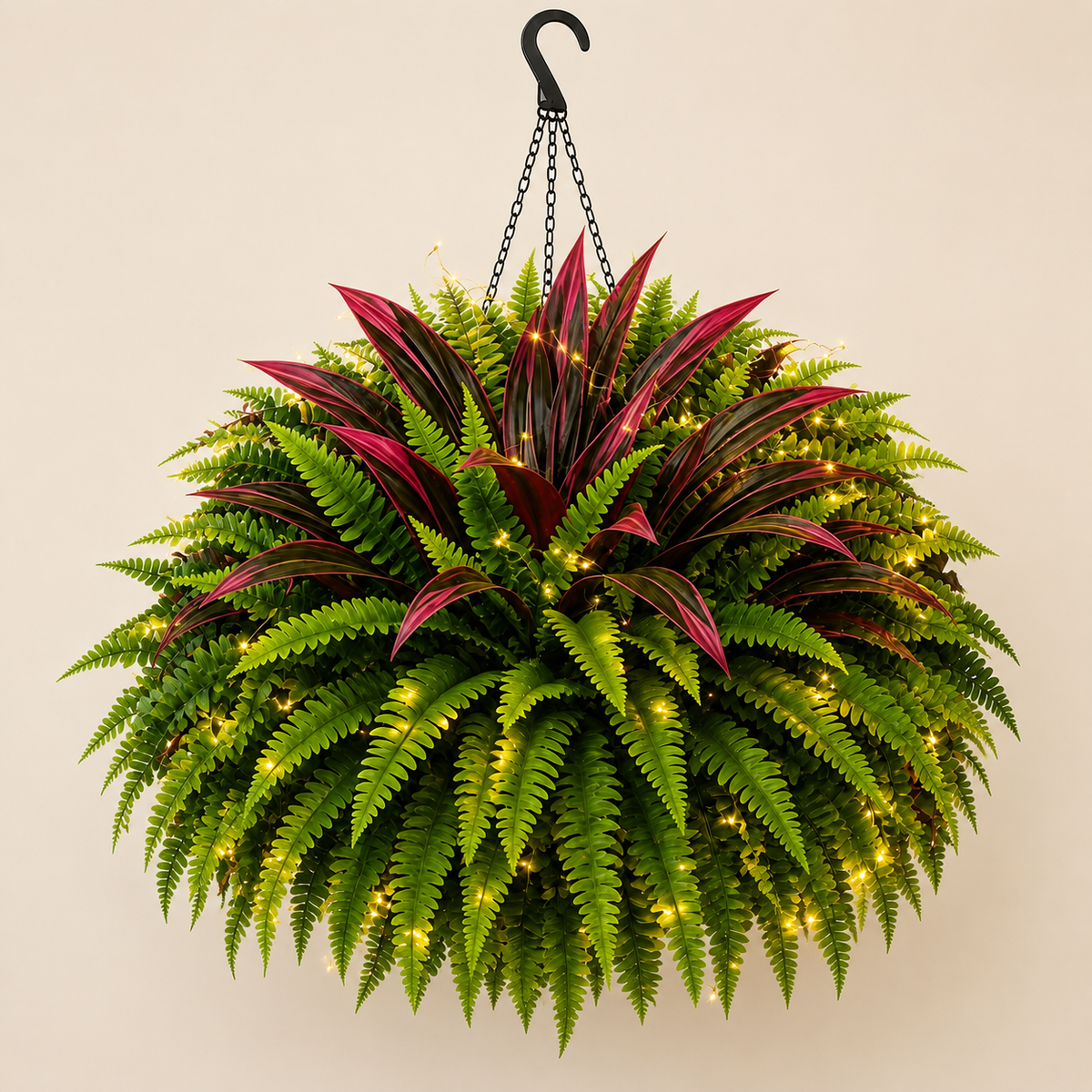 💥Summer Special🔥 ✨ Lighted Artificial Fern & Red Dracaena Hanging Basket – Lush, UV-Resistant Outdoor Décor with Warm LED Lights