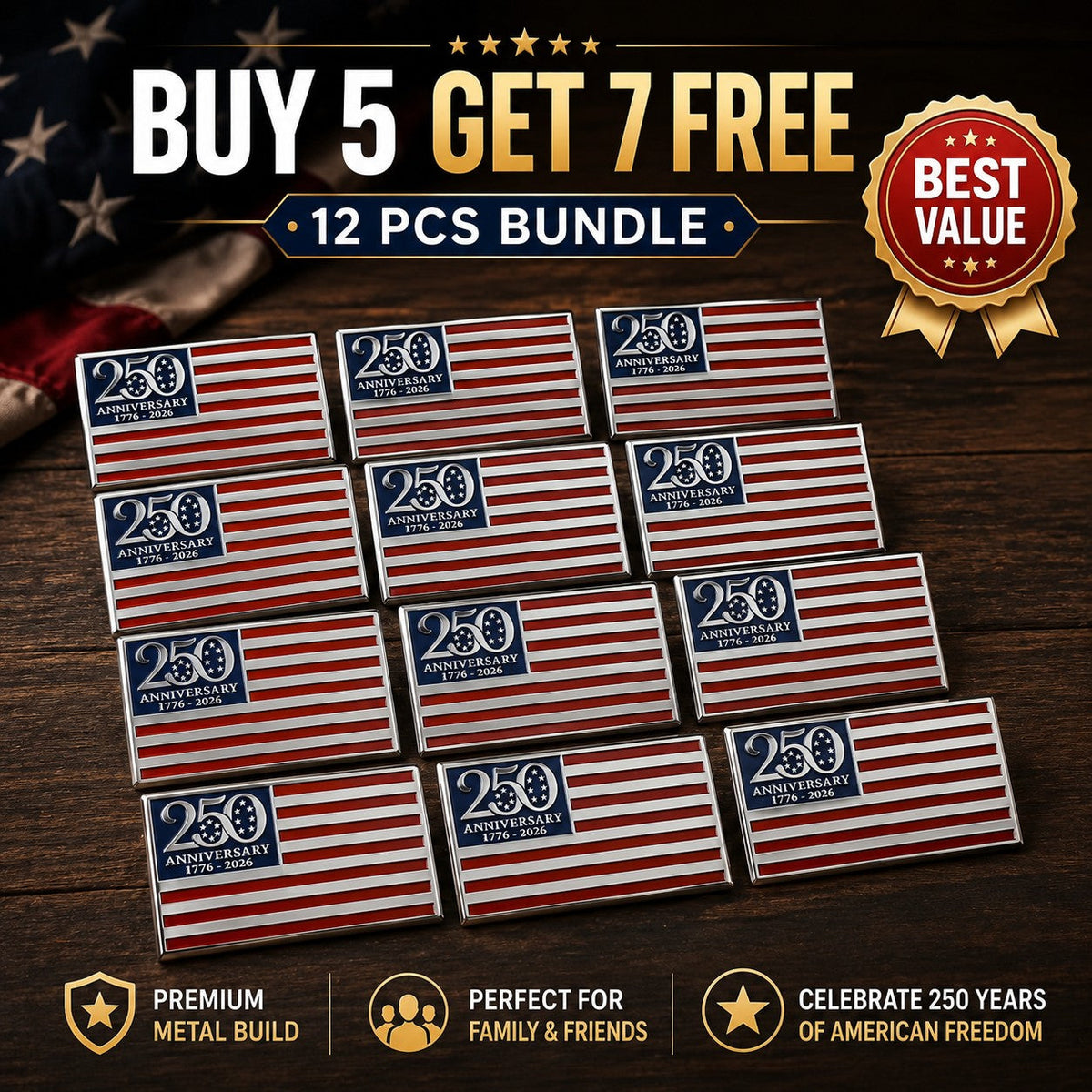 🇺🇸 Last Day Promo: 50% OFF ✝️★250th Anniversary Metal Flag Emblem★