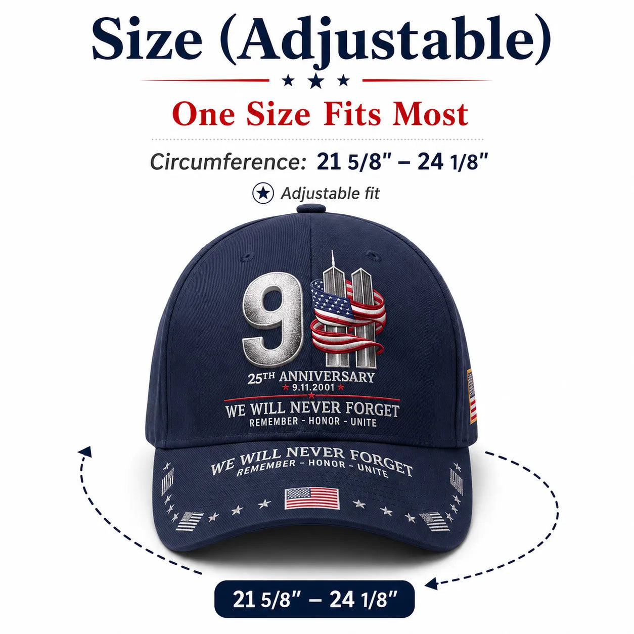 ⚡️9/11 25th Anniversary We Will Never Forget Embroidered Memorial Baseball Cap – Unisex Patriotic Memorial Hat🧢 100% Cotton