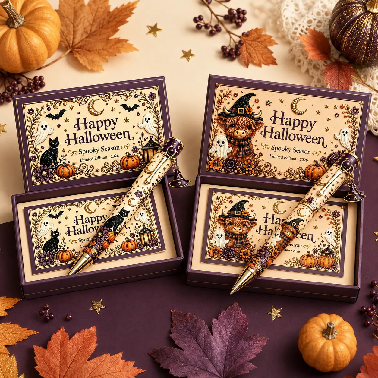 Black Cat and Highland Cow Witch Halloween pen design comparison