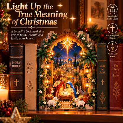 🔥Last Day 50% OFF-✨ Lighted Bethlehem Nativity Book Nook – Christmas Building Block Display of Faith