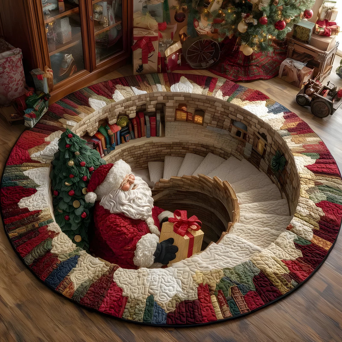 3D Santa Christmas illusion rug Stairwell Santa spiral stone stairs
