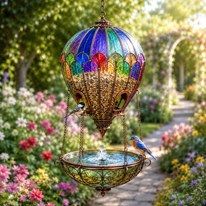 🐦 Stained Glass Hot Air Balloon Bird Feeder Fountain🌈
