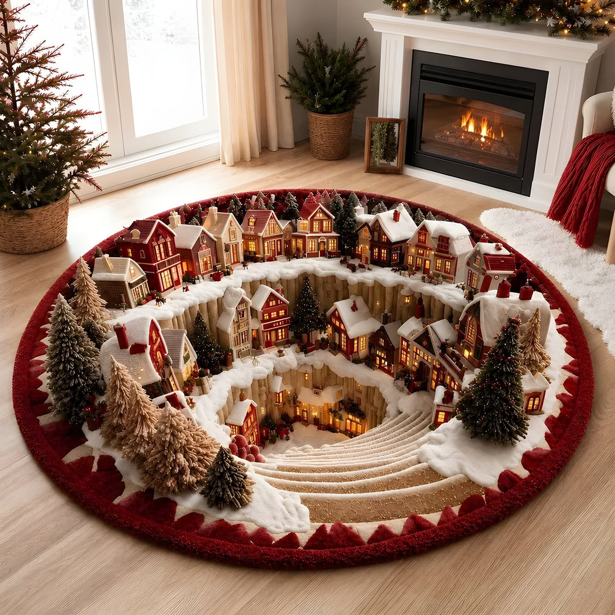 3D Santa Christmas illusion rug Winter Village miniature snow scene