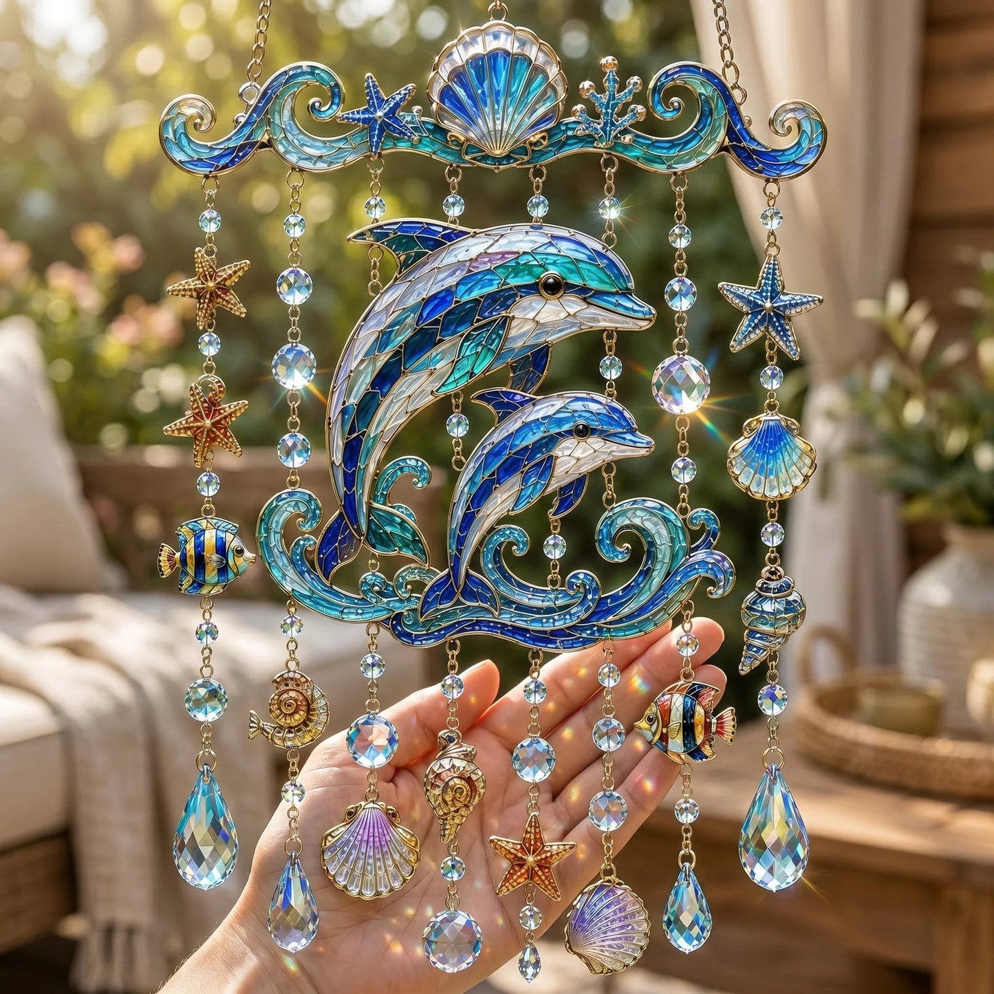 🐬🐢Ocean-Themed Crystal Wind Chime – 🌊Bring the Ocean Glow to Your Garden