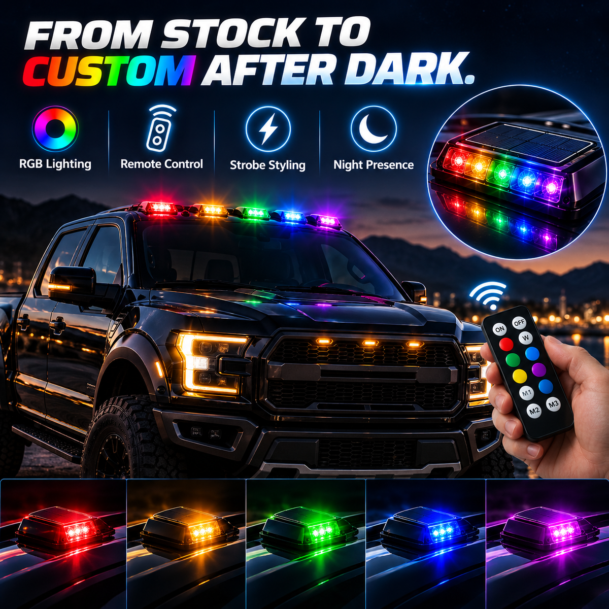 🚙🔆⚡ Solar RGB Car Roof Strobe Lights – 5-Pack Wireless No-Drill Cab Light Set