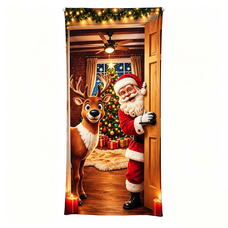 ✨🦌Christmas Door Cover - Stretch Fit Santa & Reindeer Door Decoration with 4-Side Elastic Edges🎅