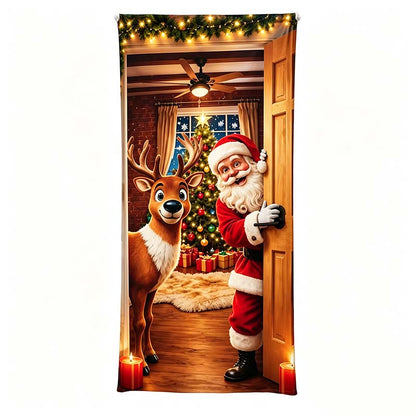 ✨🦌Christmas Door Cover - Stretch Fit Santa & Reindeer Door Decoration with 4-Side Elastic Edges🎅
