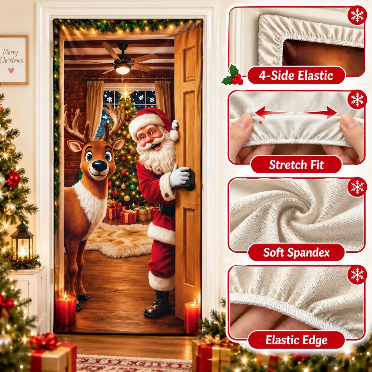 ✨🦌Christmas Door Cover - Stretch Fit Santa & Reindeer Door Decoration with 4-Side Elastic Edges🎅