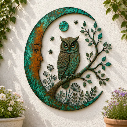 ⏰ LAST DAY  - Handcrafted Metal Crescent Moon Owl Wall Art 🌙🦉 A Timeless Garden Accent Inspired by Nature