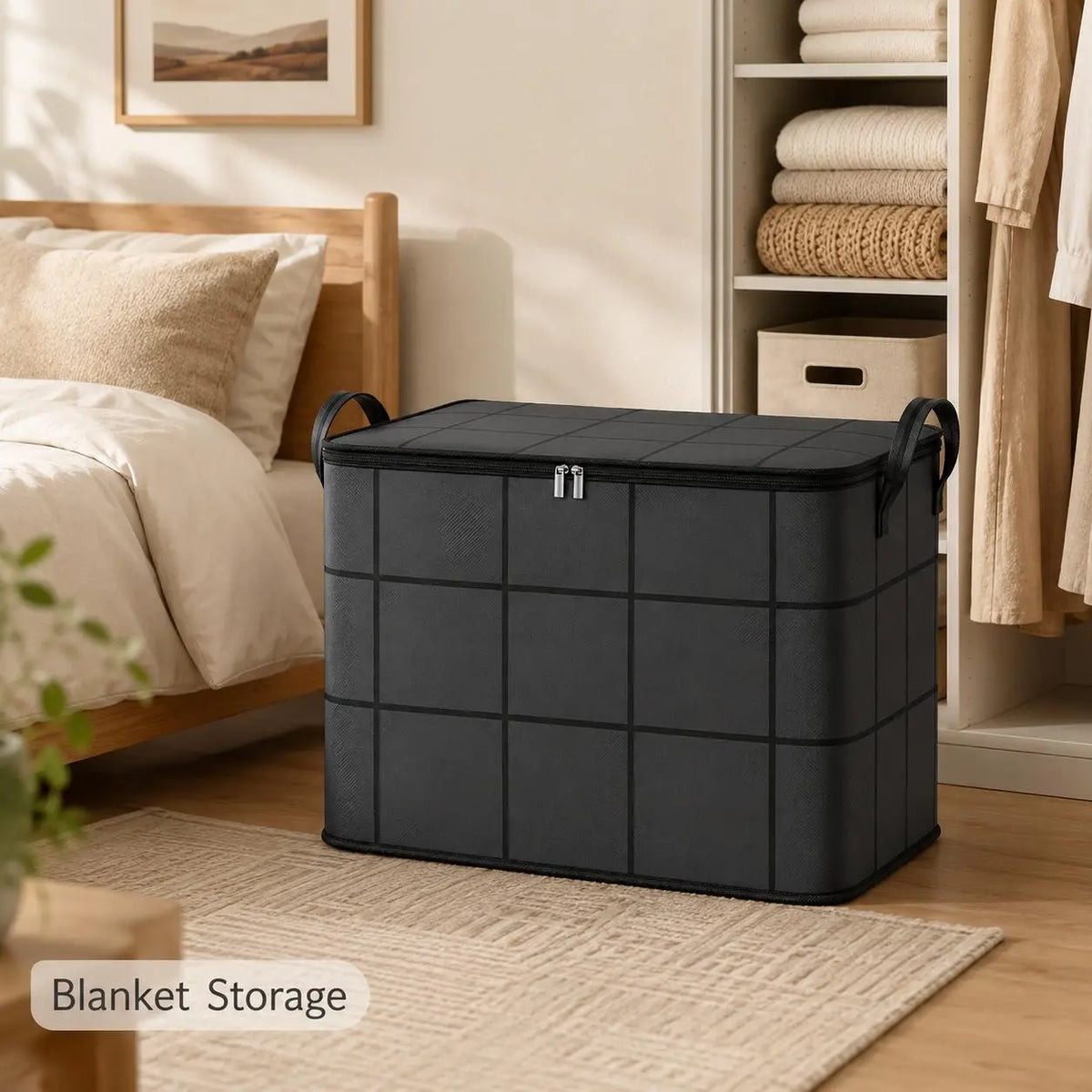 Oversized fabric storage bin placed beside a bedroom closet