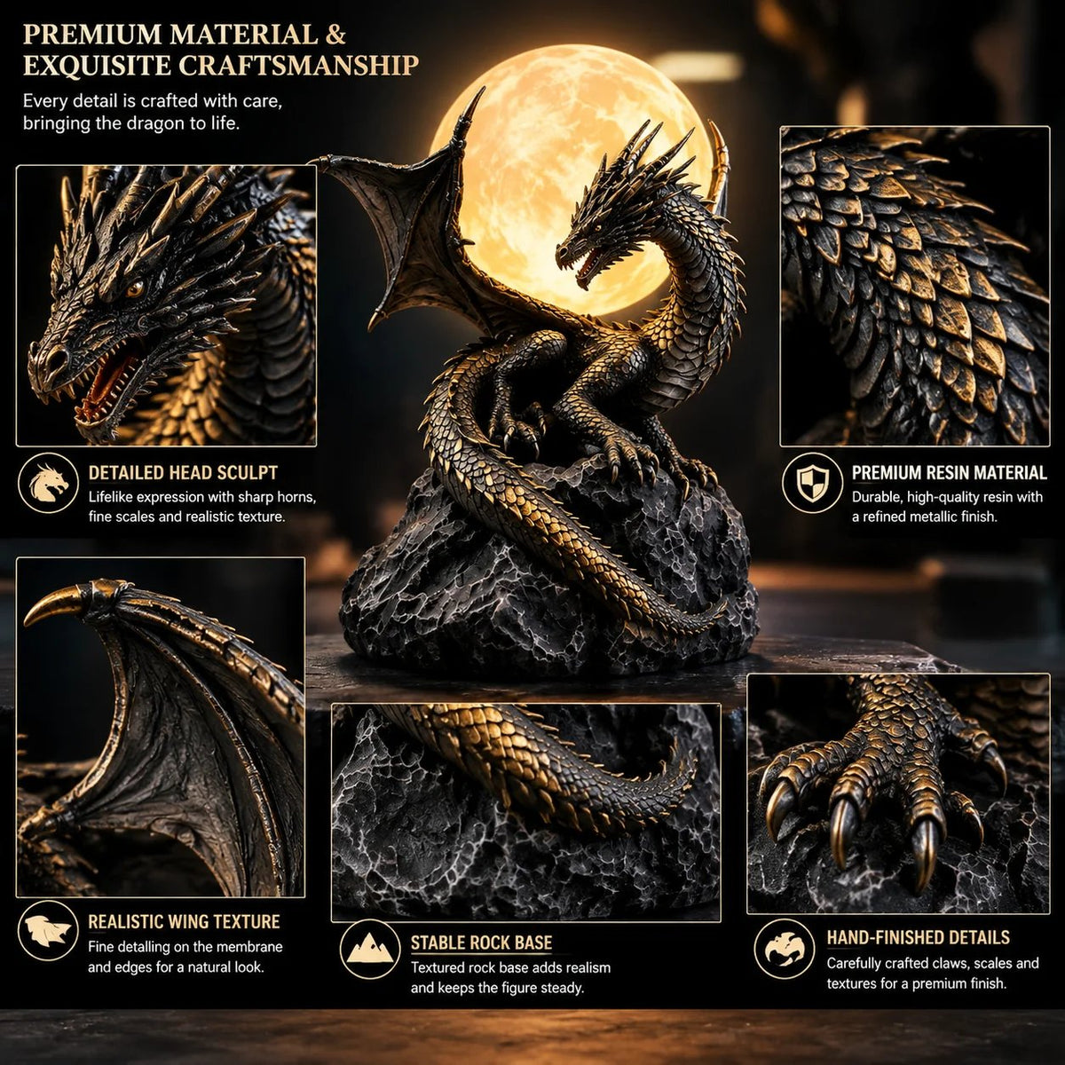 🐉 Gotische Drachenmond-Globus-Statue-Lampe