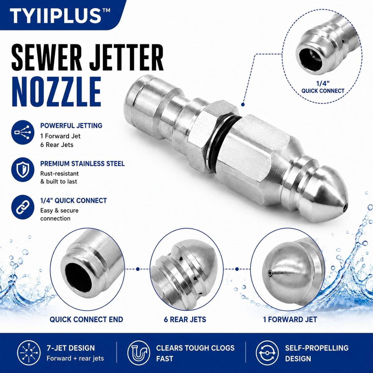 Stainless Steel Sewer Jetter Nozzle – 1/4" Quick Connect Drain Cleaning Attachment for Pressure Washers