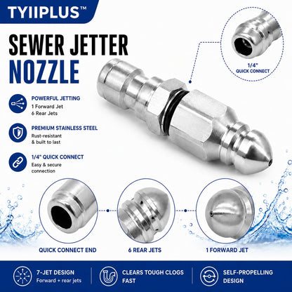 Stainless Steel Sewer Jetter Nozzle – 1/4" Quick Connect Drain Cleaning Attachment for Pressure Washers