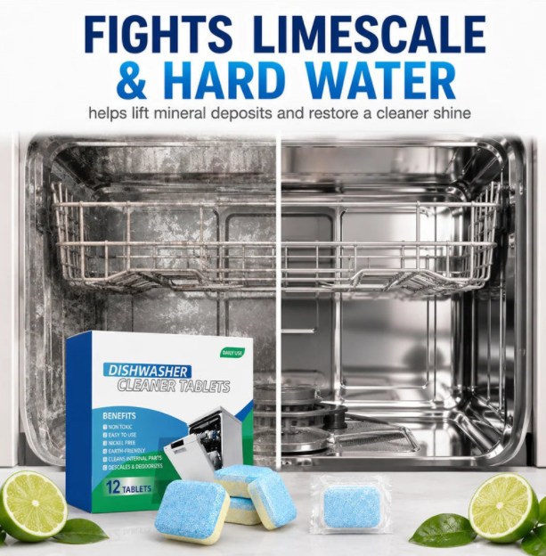Dishwasher Cleaner Tablets 12-Pack – Descaling & Deodorizing Pods for Limescale, Calcium Buildup & Odor Control