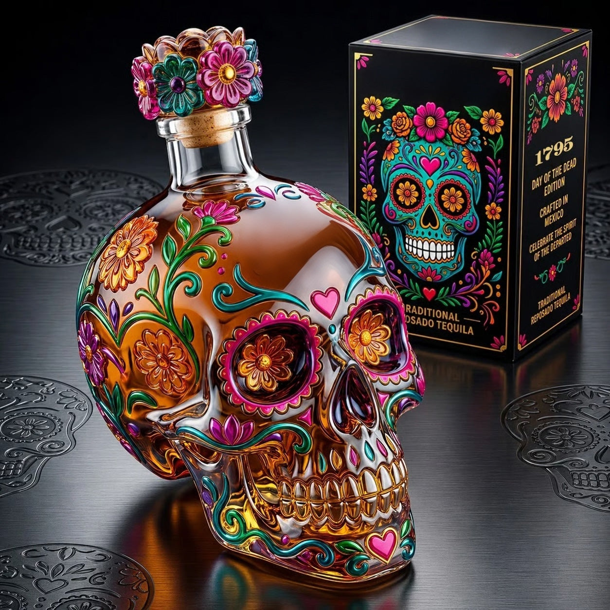 🔥🍷Limited Edition Day of the Dead Skull Tequila Bottle – Colorful Collector’s Gift Box🎁