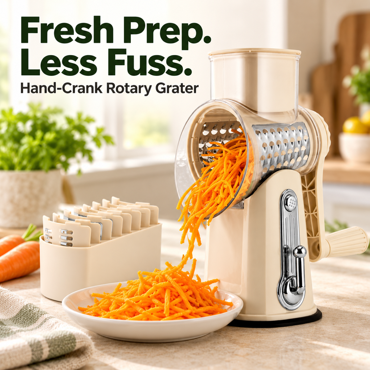 🥕 Hand-Crank Rotary Grater with Blade Storage – Fresh Prep, Less Fuss