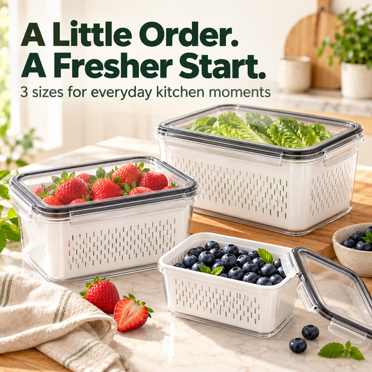 4 in 1 Food Storage Container, Fruit Storage Containers for Fridge, Produce Storage Containers with Lid and Strainer