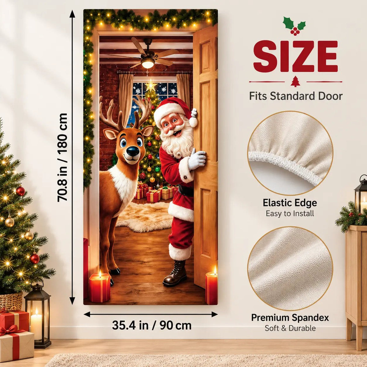 ✨🦌Christmas Door Cover - Stretch Fit Santa & Reindeer Door Decoration with 4-Side Elastic Edges🎅