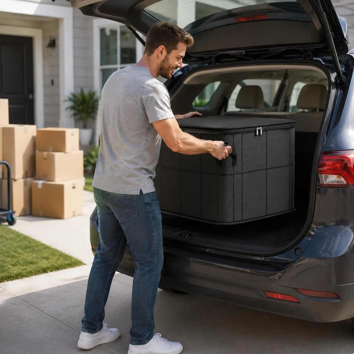 Large fabric storage organizer being loaded into a vehicle