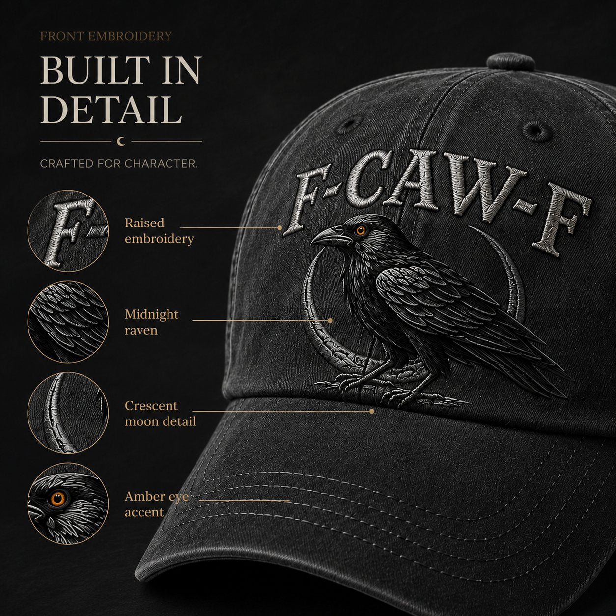 F-CAW-F Midnight Edition Raven Cap – Vintage Washed Embroidered Crow Hat