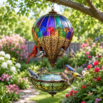 🐦 Stained Glass Hot Air Balloon Bird Feeder Fountain🌈