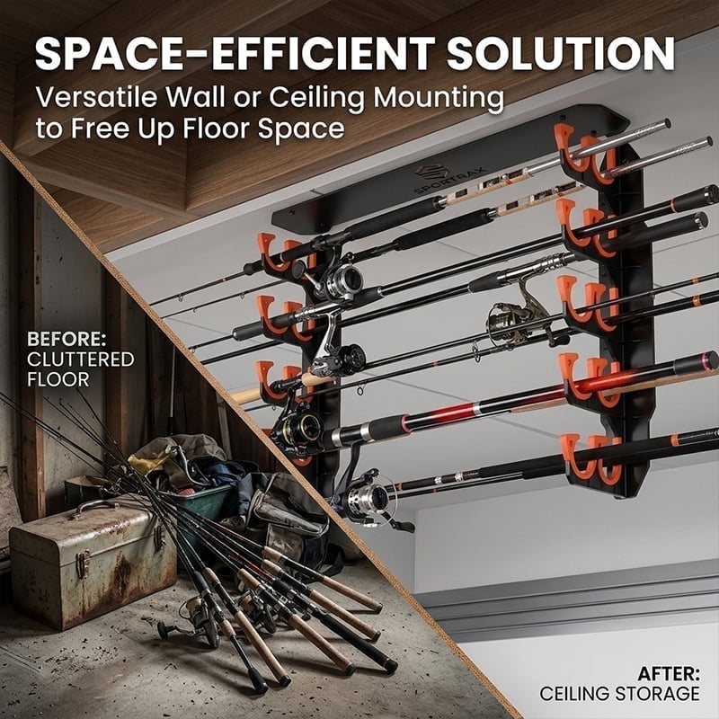 Wall & Ceiling Mounted Fishing Rod Rack – Space-Saving Storage for Rods & Combos 🎣🔩