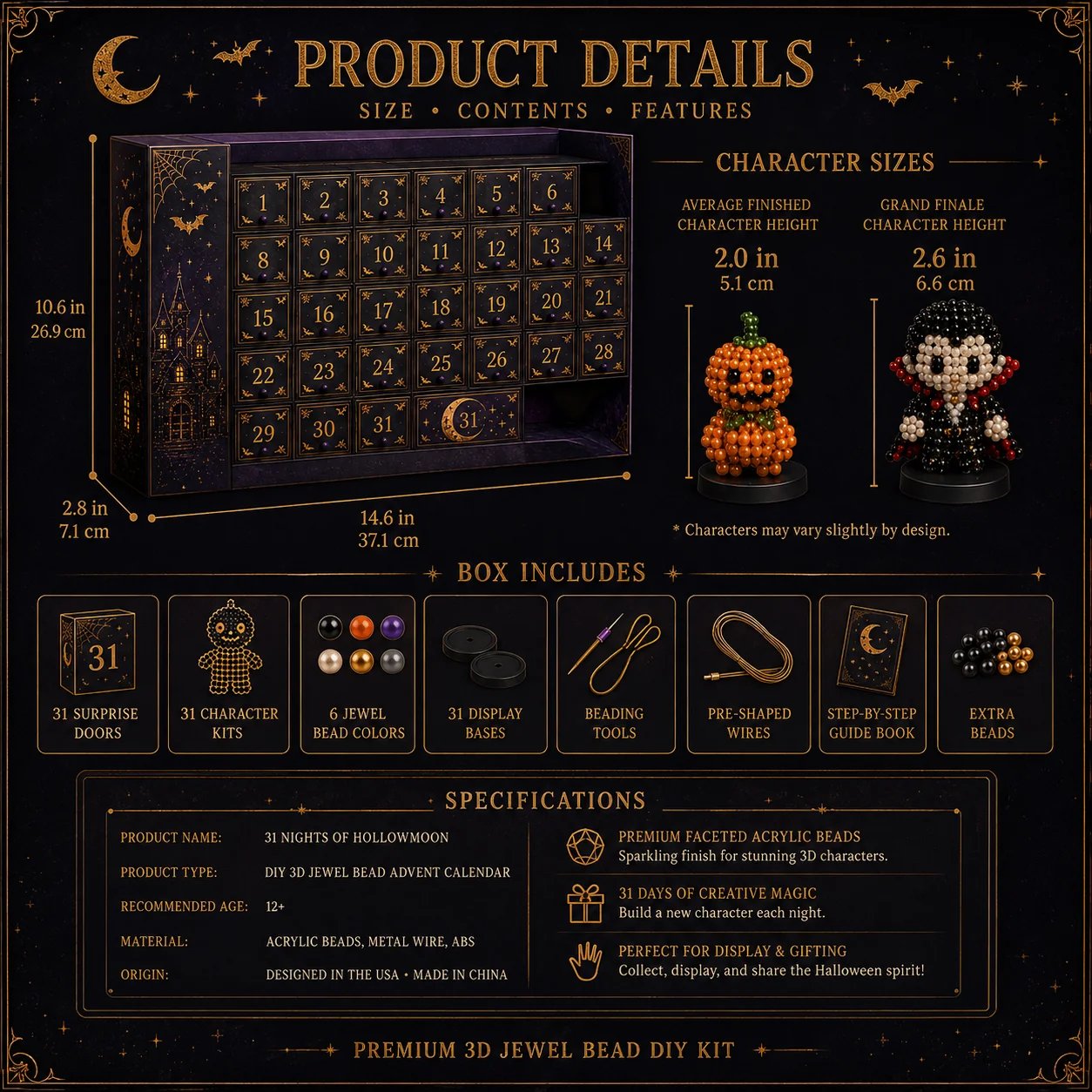 🎉🎃 Hollowmoon 31-Night Jewel-Bead Countdown Calendar| 31 Daily DIY Characters, Complete Craft Supplies & Midnight Parade Display 💎✨