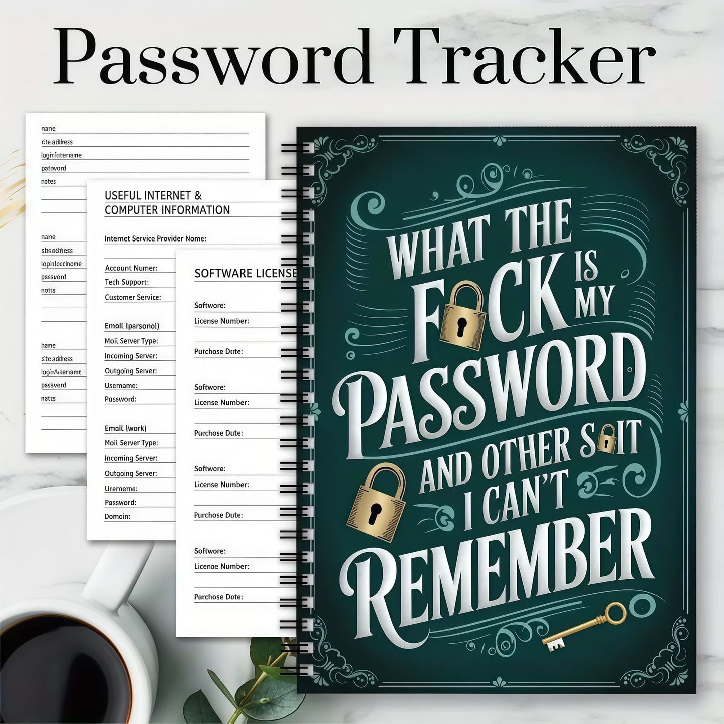 📅Funny Password Notebook - Spiral Bound with Lock Icons & Funny Security Phrases✍️