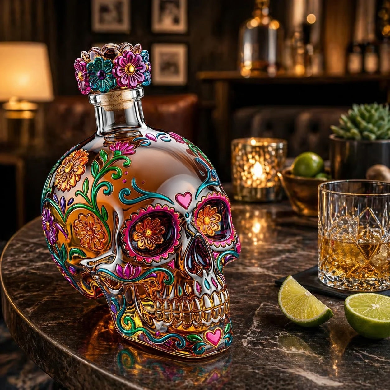 🔥🍷Limited Edition Day of the Dead Skull Tequila Bottle – Colorful Collector’s Gift Box🎁