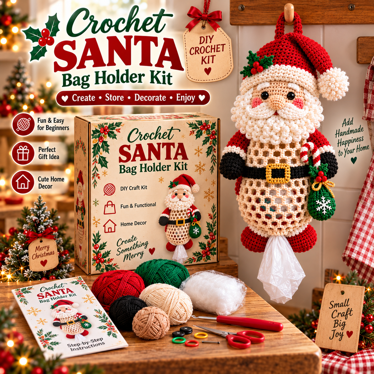 🎄 Christmas Crochet Bag Holder DIY Kit – Cute & Functional Handmade Holiday Storage Decor 🎁
