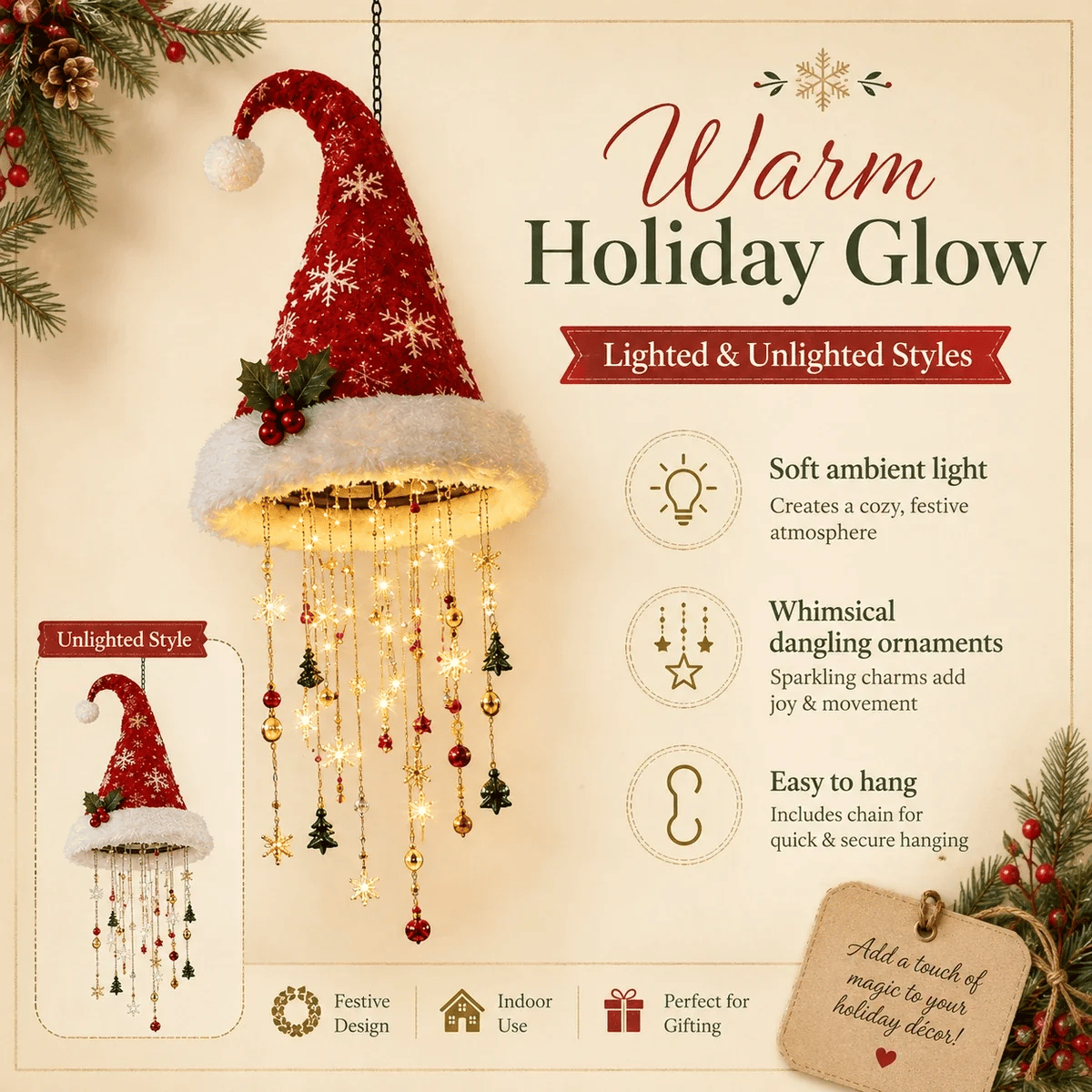 🎅 Lighted Santa Hat Hanging Chandelier 🎄 | 3 Styles Warm LED Christmas String Light | Indoor Outdoor Porch Holiday Decor Gift