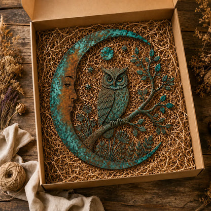 ⏰ LAST DAY  - Handcrafted Metal Crescent Moon Owl Wall Art 🌙🦉 A Timeless Garden Accent Inspired by Nature