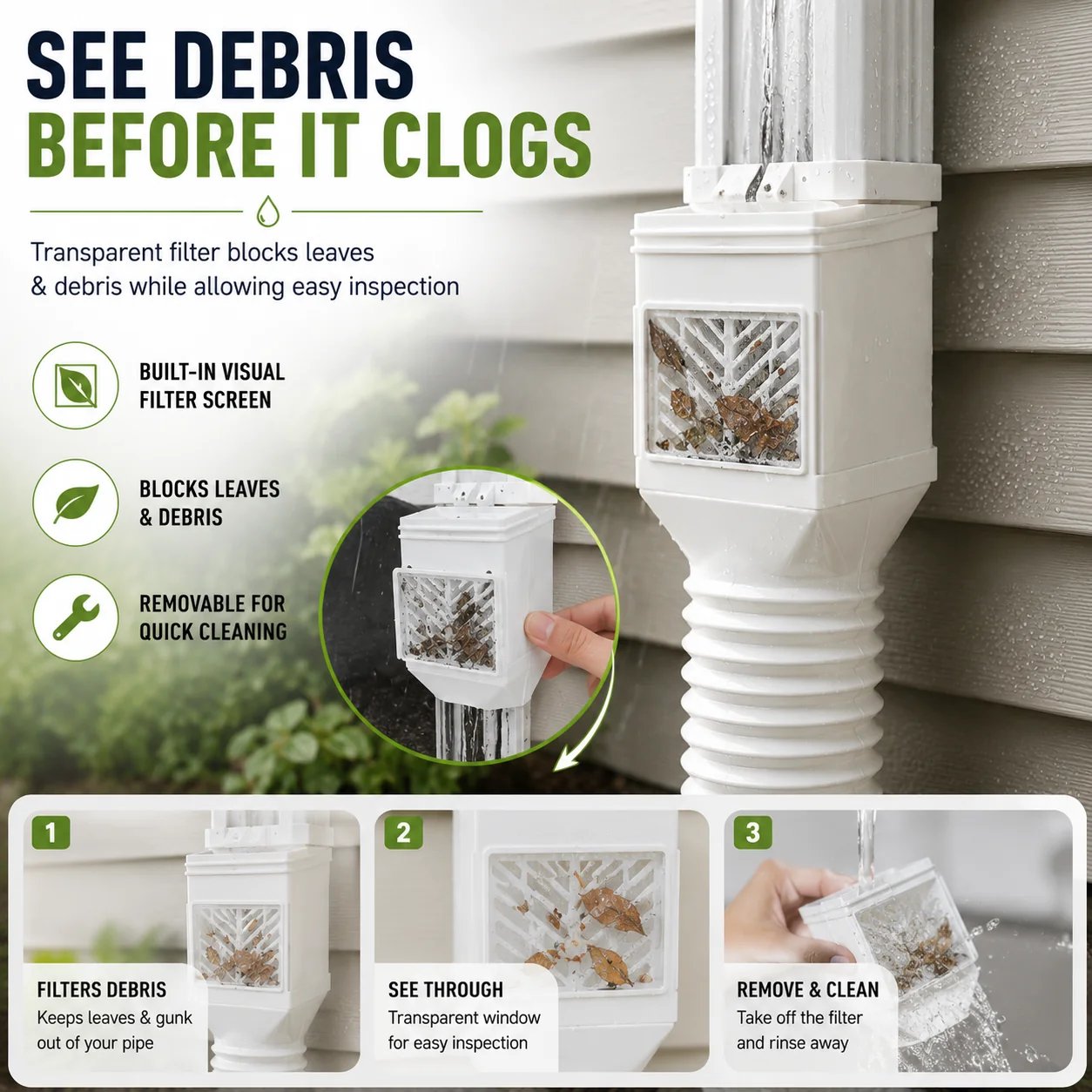 🎉🏡 Flexible Rain Gutter Downspout Extension Kit  – Adjustable 22"-63" Drain Pipe with Leaf Filter for Foundation Protection