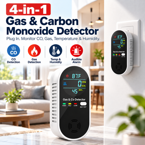 🛡️4 in 1 Gas & Carbon Monoxide Detector with Temperature and Humidity Display