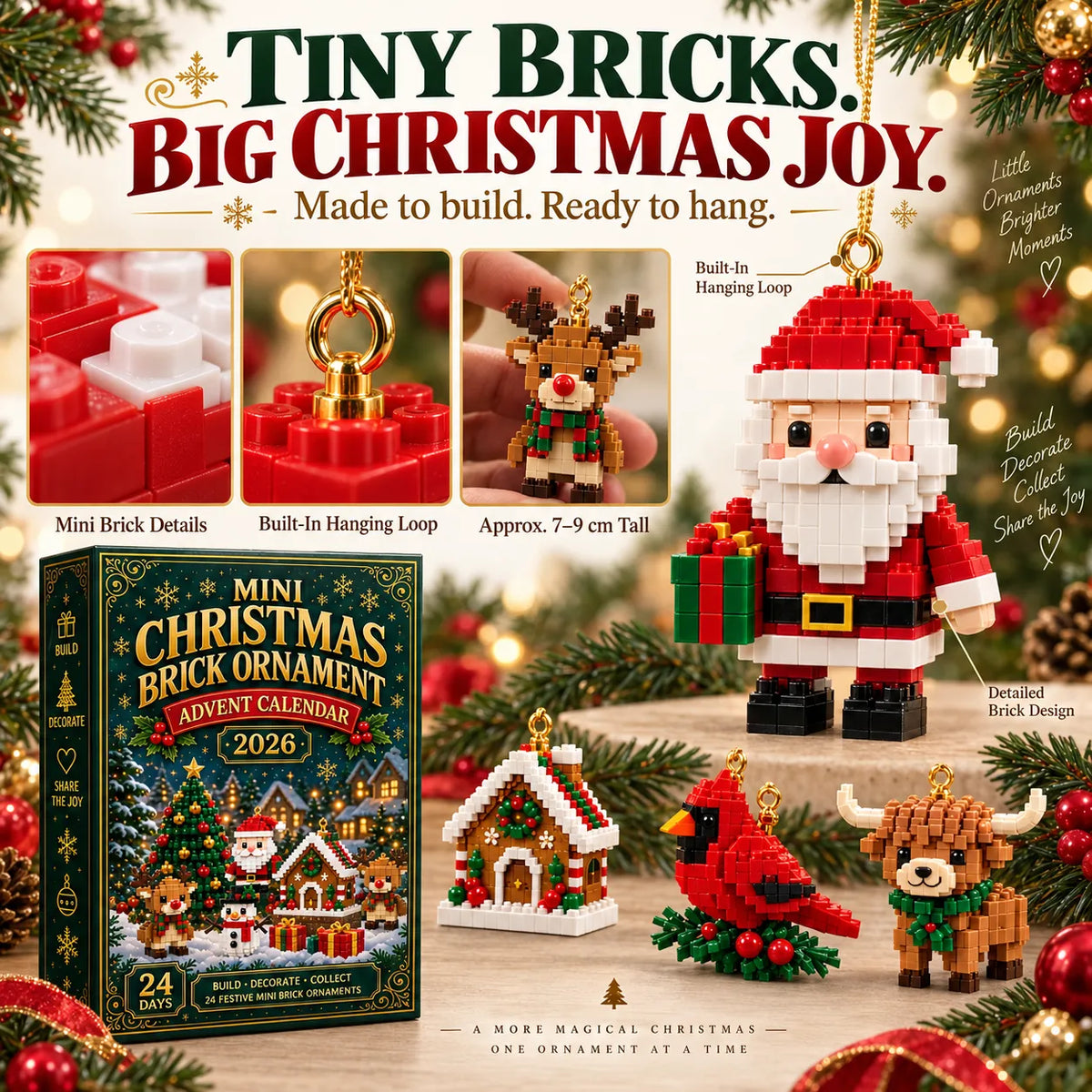 🎁🎄24-Day Mini Christmas Brick Ornament Advent Calendar | 24 Unique Buildable Holiday Ornaments to Create, Hang & Keep 🧱