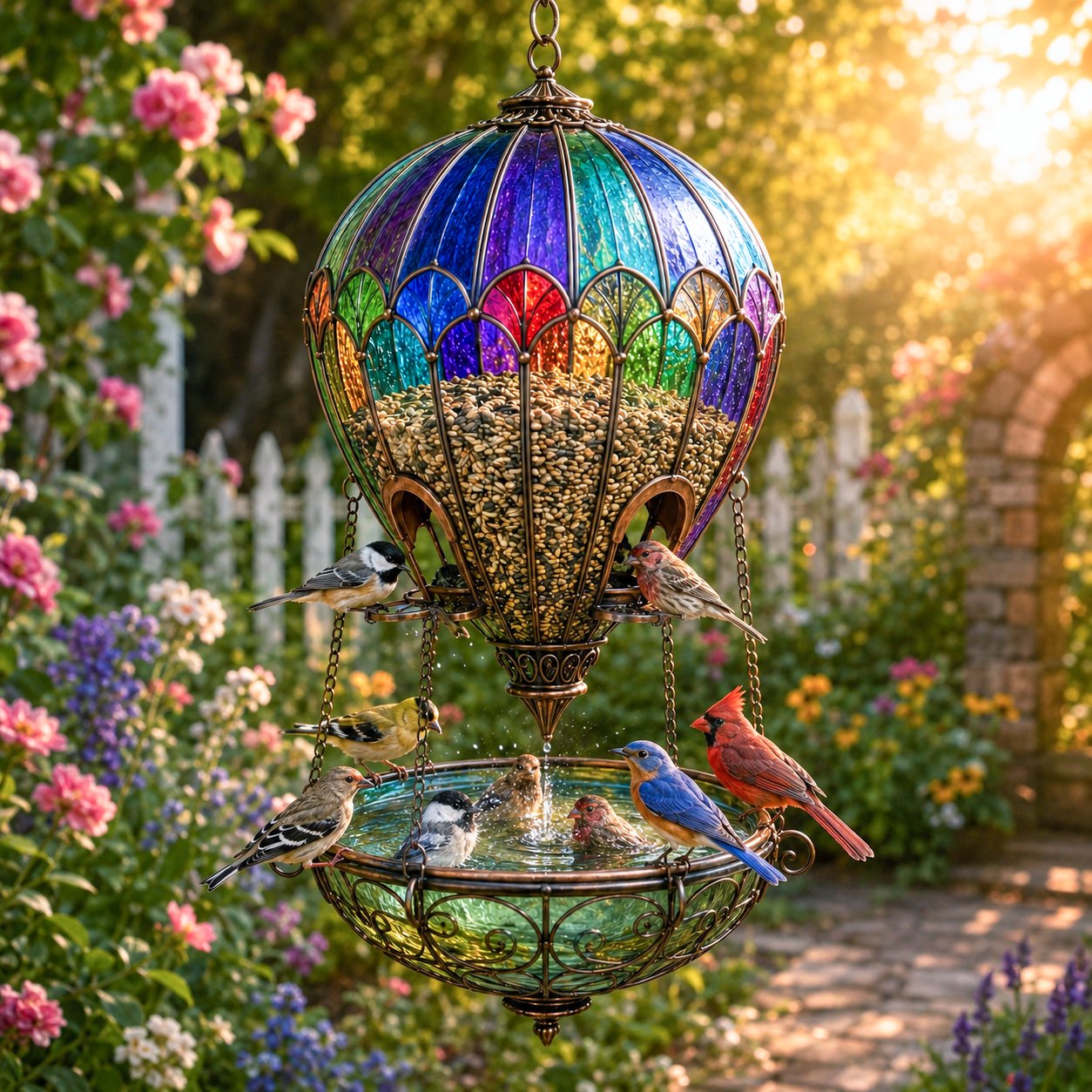 🐦 Stained Glass Hot Air Balloon Bird Feeder Fountain🌈