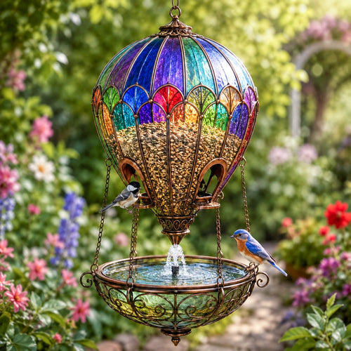 🐦 Stained Glass Hot Air Balloon Bird Feeder Fountain🌈