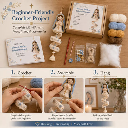 🙏 Handcrafted Crochet Blessed Mother Devotional Spiral Hanging Ornament | Soft Textured Yarn, Plush Filling, Decorative Beads, Golden Cross & Floral Tassel Details 💙✨
