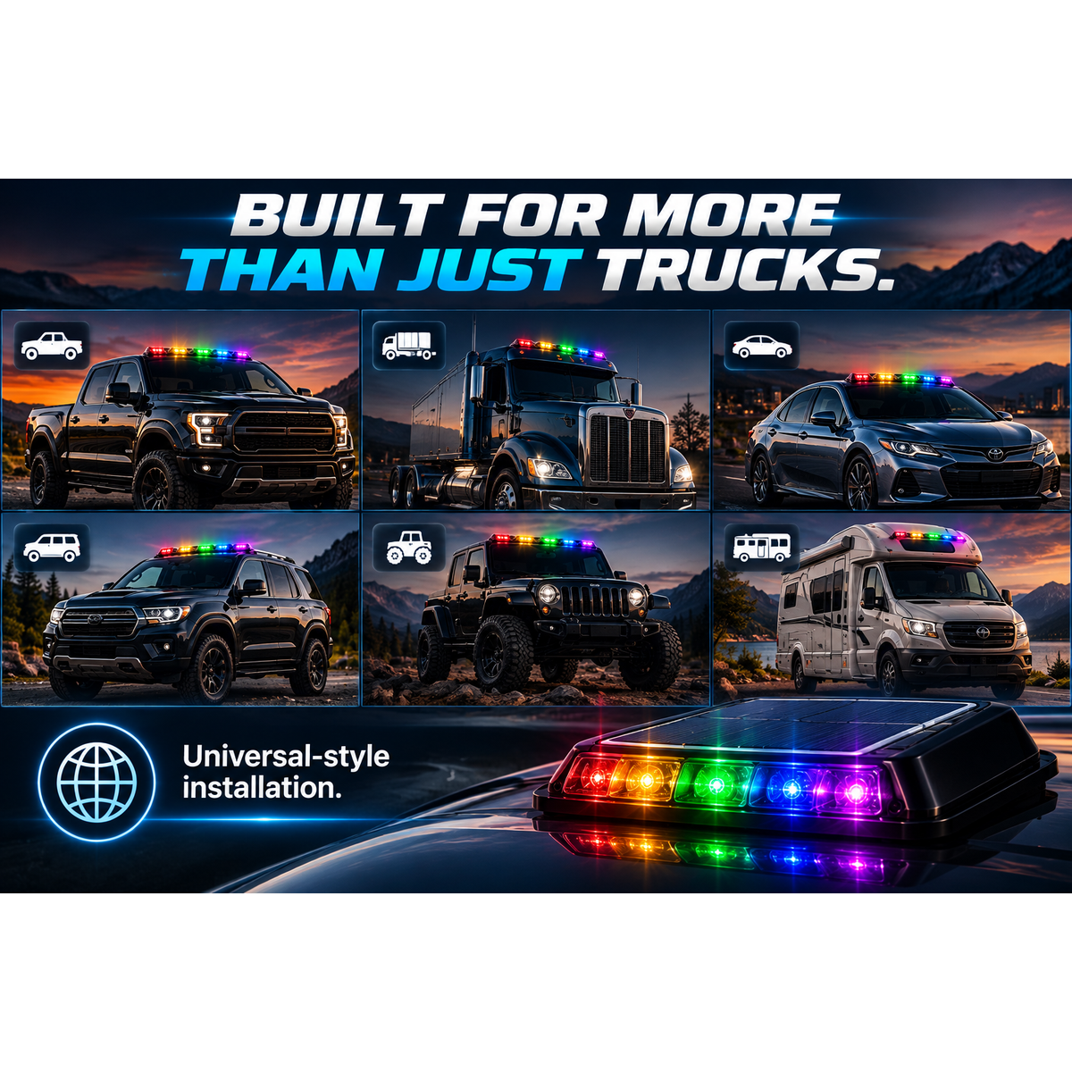🚙🔆⚡ Solar RGB Car Roof Strobe Lights – 5-Pack Wireless No-Drill Cab Light Set