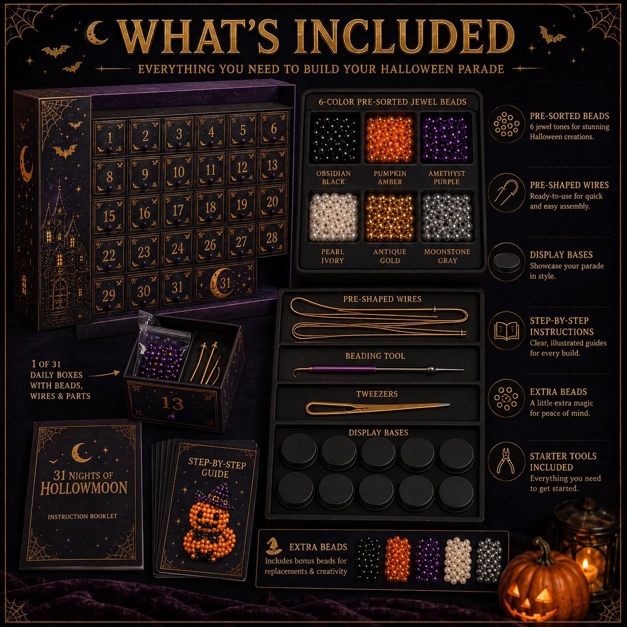 🎉🎃 Hollowmoon 31-Night Jewel-Bead Countdown Calendar| 31 Daily DIY Characters, Complete Craft Supplies & Midnight Parade Display 💎✨