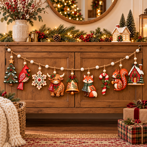 Enchanted Woodland Christmas Garland – Rustic Wooden Highland Cow & Forest Animal Hanging Decorations