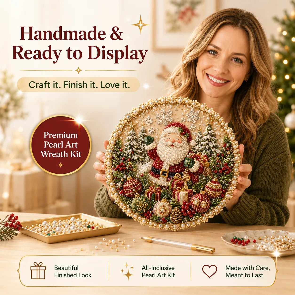 🌸🌻🍂🎄✨ Four Seasons & Holiday Pearl Art Hanging Wreath Kit | Luxury Flocked Canvas with Scratch-Resistant Non-Fading Pearl Beads DIY Handmade Seasonal Decor 💎