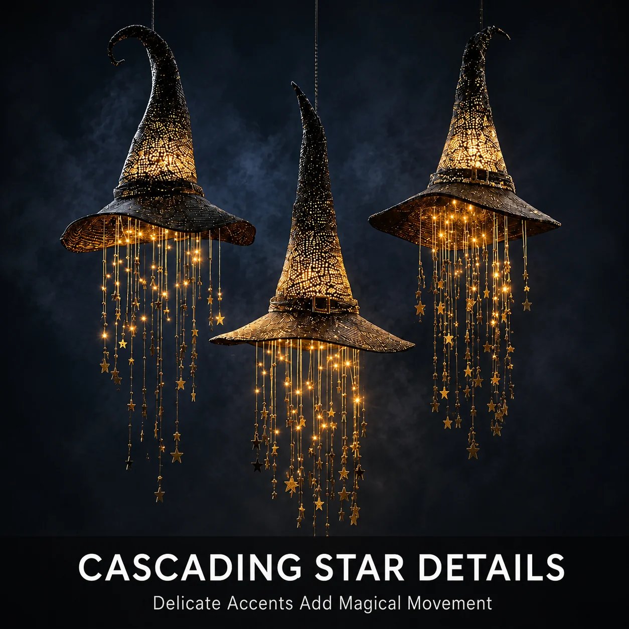 3-Piece Lighted Witch Hat Set with Cascading Stars