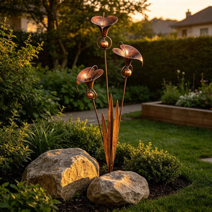 🌿Flamed Copper Three Calla Lilies Garden Stake with Bells